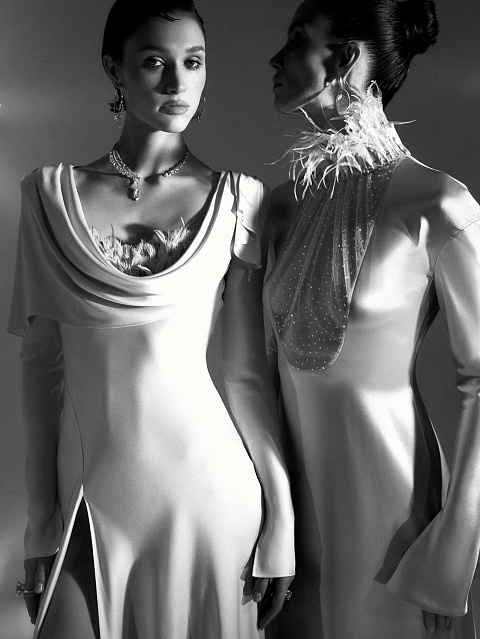 Powder Silk Maxi Dress With Feathers And Rhinestones, 6