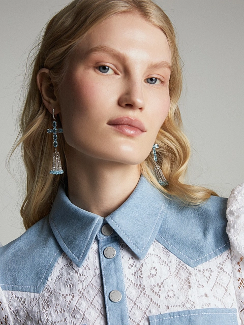 Tassel earrings with crosses in white gold with Sky Blue topazes, 2