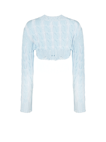 Light Blue Distressed Cable Knit Super Cropped Sweater, 2