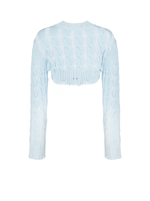 Light Blue Distressed Cable Knit Super Cropped Sweater, 2