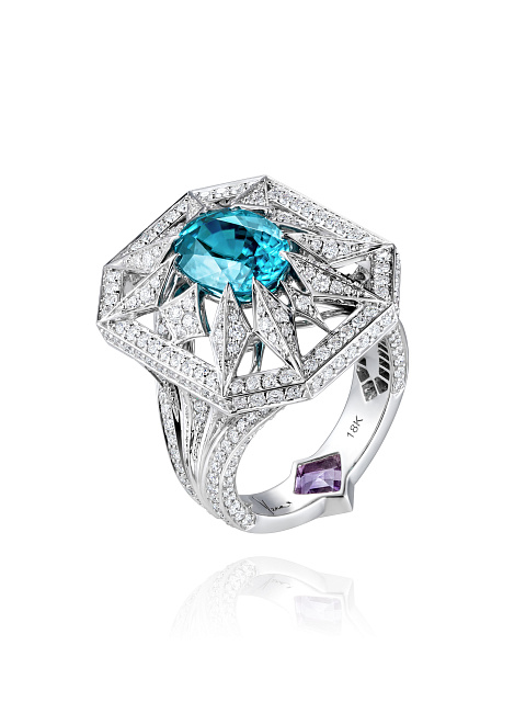 Blue Zircon, Amethyst, Round Diamond & White Gold Ring, 1