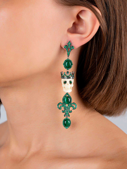 Black Gold Mammoth Tusk Malachite Emerald Earrings, 3