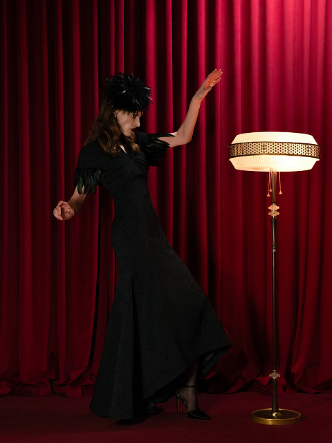 Black Jacquard Maxi Dress With Feathers, 2