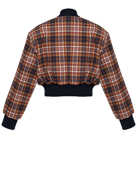 Rust Brown Plaid Cropped Bomber Jacket, 2