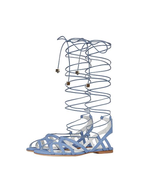 Light Blue Denim & Leather Lace Up Sandals, 1