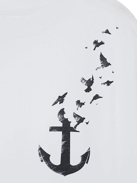 Men's Printed Anchor & Birds White Cotton T-shirt, 3