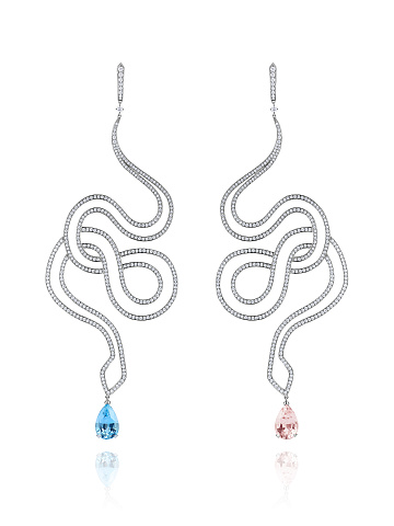 White Gold Aquamarine & Morganite & Diamond Snake Earrings, 1