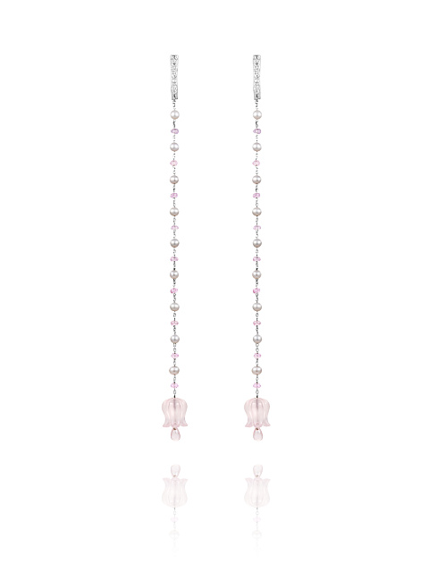 White Gold & Pink Quartz Long Earrings, 1