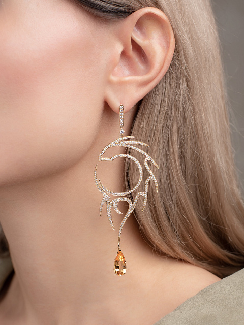 Yellow Pear Topaz, Round Diamond & Gold Earrings, 2