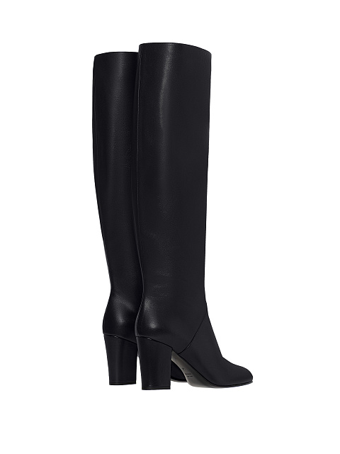 Black Leather Round Toe Long Boots, 3