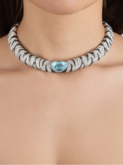 Tourmaline Paraiba & Round Diamond & White Gold Necklace, 3