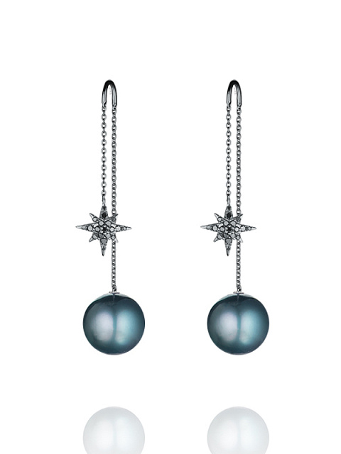 Black Gold, Diamonds & Pearls Drop Earrings, 1