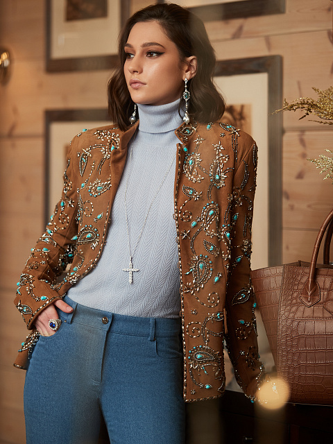 Brown Suede Embroidered Blazer, 6