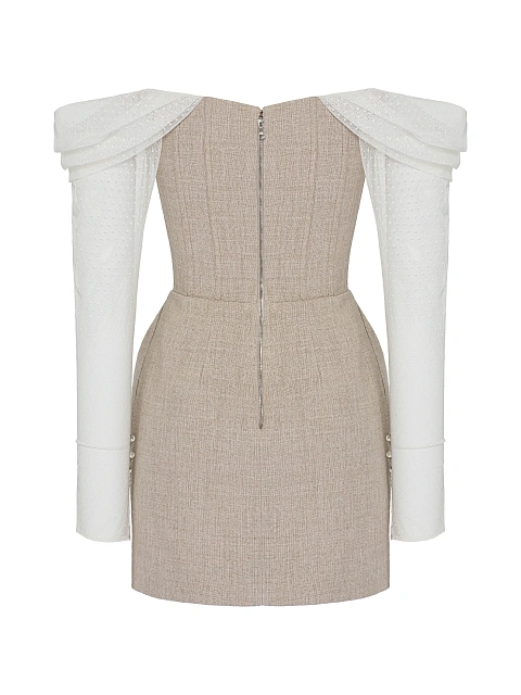 White Embroidered Linen Mini Dress With Lace Sleeves, 2