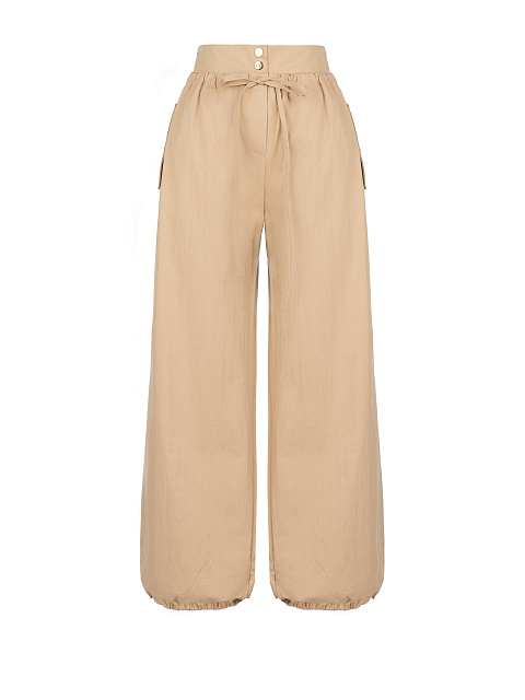Beige Wide Cotton & Nylon Pants, 1