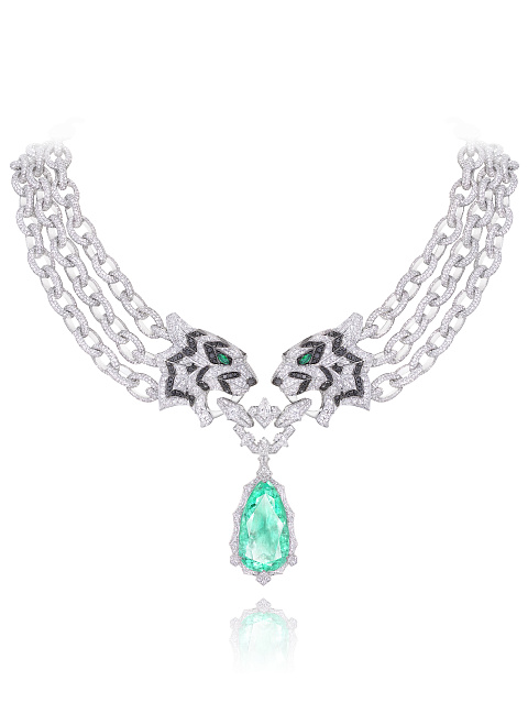 Necklace with a removable pendant in white gold with emerald and diamonds, 3