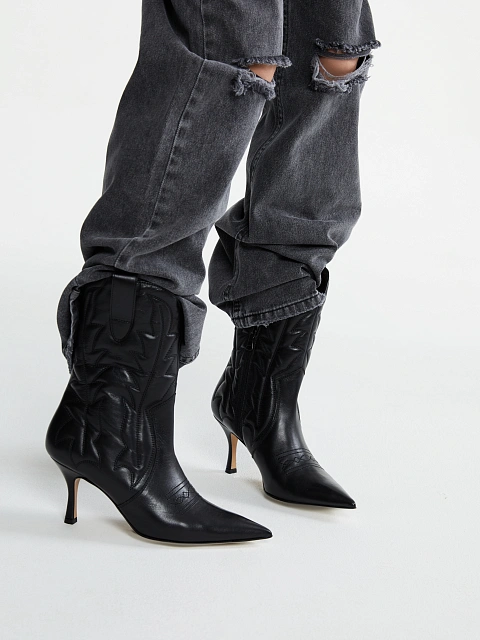 Black Leather High Heel Cowboy Boots, 3