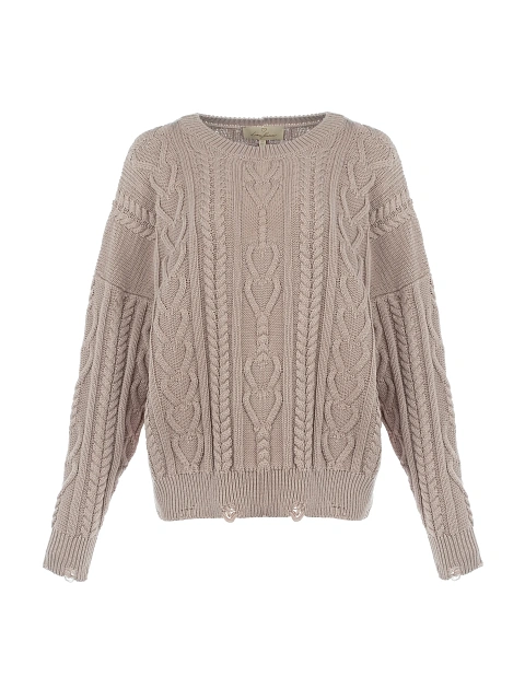 Dust Beige Distressed Cable Knit Sweater, 1
