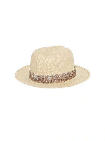 Himalayan Crocodile Leather Trimmed Straw Hat, 1
