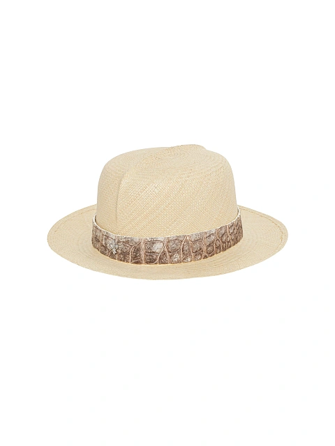 Himalayan Crocodile Leather Trimmed Straw Hat, 1