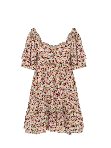 Beige & Red Floral Print Cotton Mini Dress With Ruffles, 1