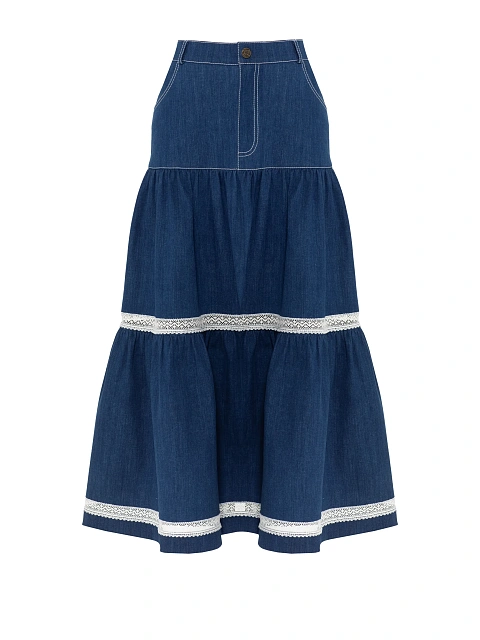 Blue Lace Trim Denim Midi Skirt, 1