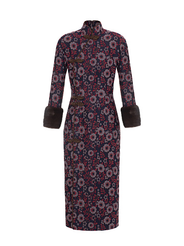 Jacquard Midi Dress With Mink Fur Cuffs, 1