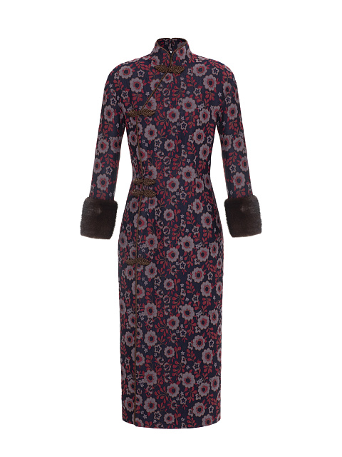 Jacquard Midi Dress With Mink Fur Cuffs, 1 Jacquard Midi Dress With Mink Fur Cuffs, 1