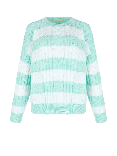 White & Mint Striped Distressed Cable Knit Sweater, 1