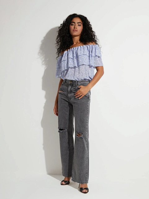 Blue Chiffon Off Shoulder Top, 5