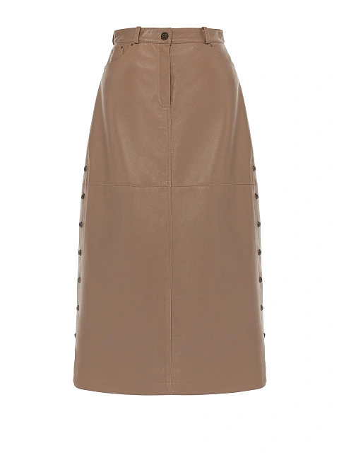 Beige Leather Midi Skirt, 1
