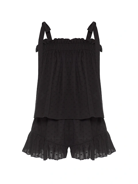 Black set with tie-front top and ruffled shorts, 1