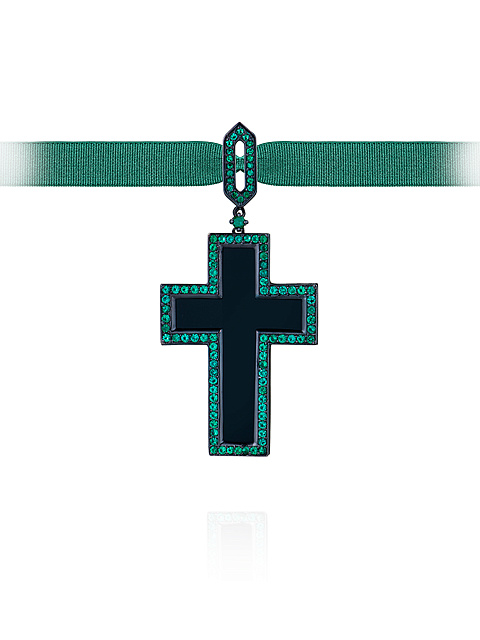 Black Agate, Round Emerald & Black Gold Pendant , 1