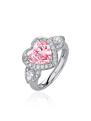 Heart Tourmaline, Pear Diamond, Round Diamond & White Gold Ring, 1