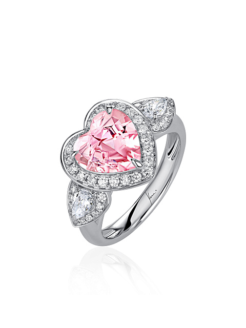 Heart Tourmaline, Pear Diamond, Round Diamond & White Gold Ring, 1
