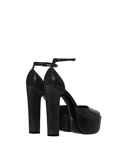 Black Leather Chunky Heel Sandals, 3