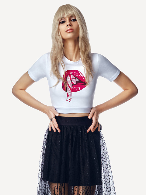 Cropped White Lips Printed T-Shirt, 2
