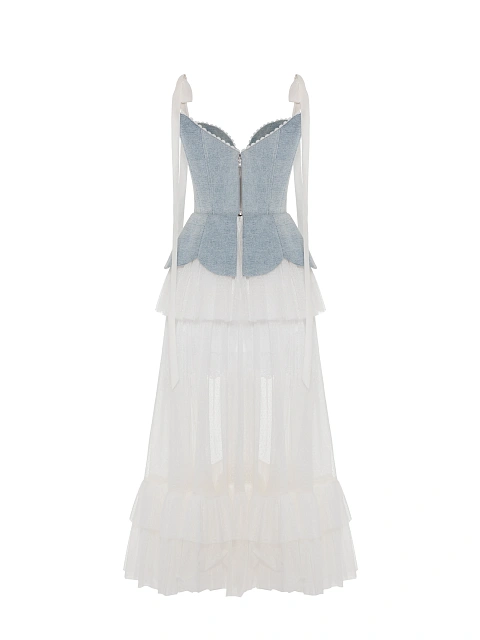 Maxi dress made of blue denim and white mesh, 2