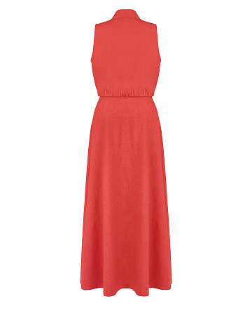 Set, coral linen, blouse with a tie at the hips, flared skirt with buttons, 2