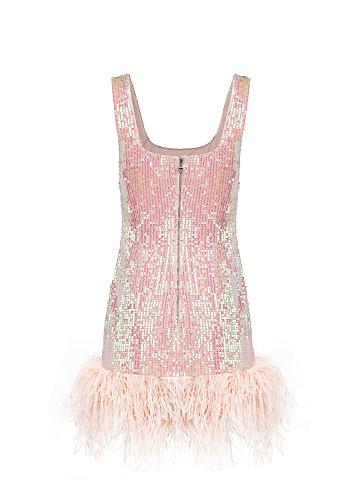 Pink Sequined Feather-Trimmed Mini Dress, 2