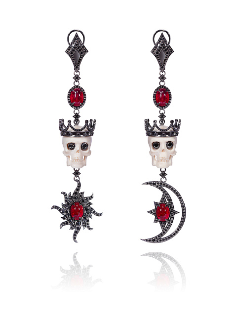 Black Gold, Ruby & Black Diamonds Skull Earrings, 1