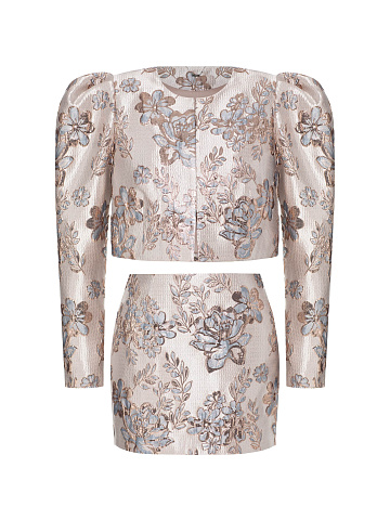 Pink Floral Two-piece Suit With Cropped Jacket And Mini Skirt, 1