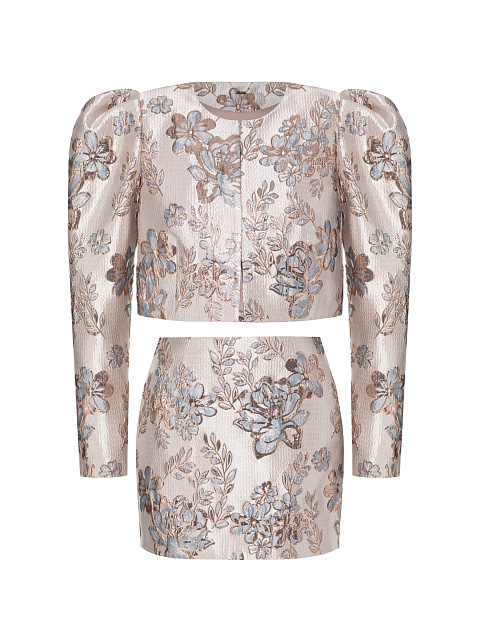 Pink Floral Two-piece Suit With Cropped Jacket And Mini Skirt, 1