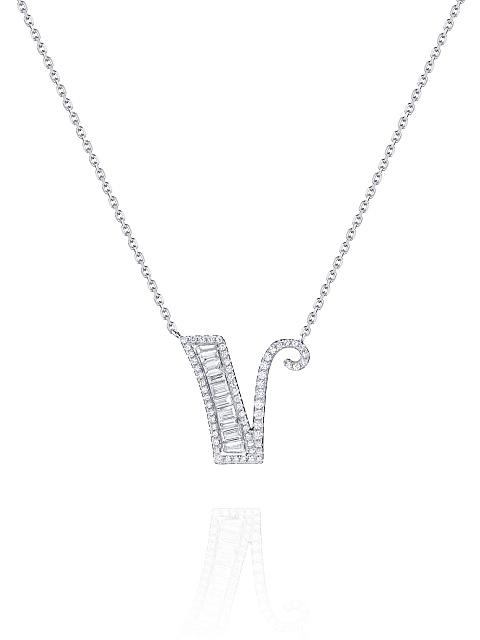 White gold and diamond pendant necklace in the shape of the letter V, 1