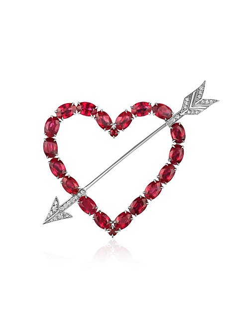 White gold heart-shaped brooch with rubies and diamonds, 1