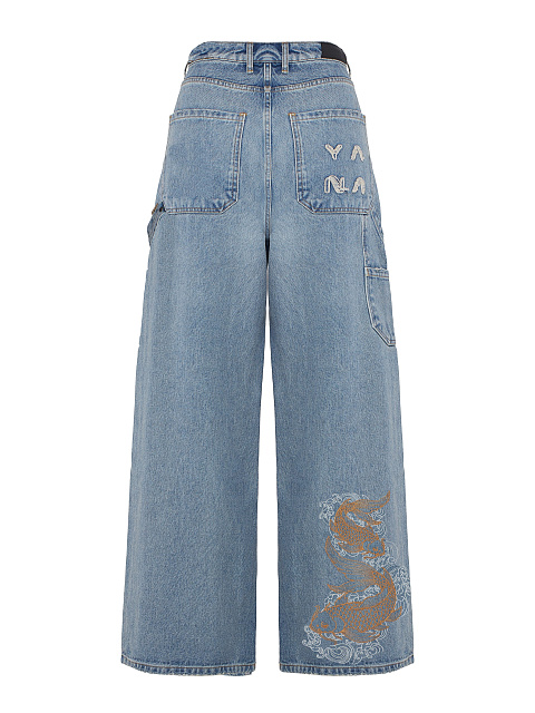 Wide light blue cotton jeans with fish embroidery, 2 Wide light blue cotton jeans with fish embroidery, 2