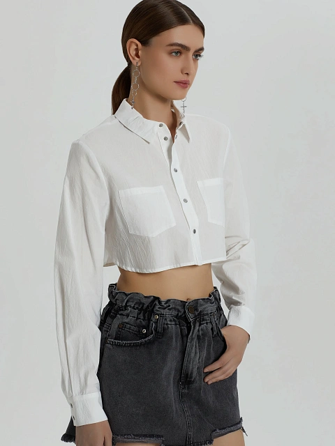 White Cotton Cropped Shirt, 5