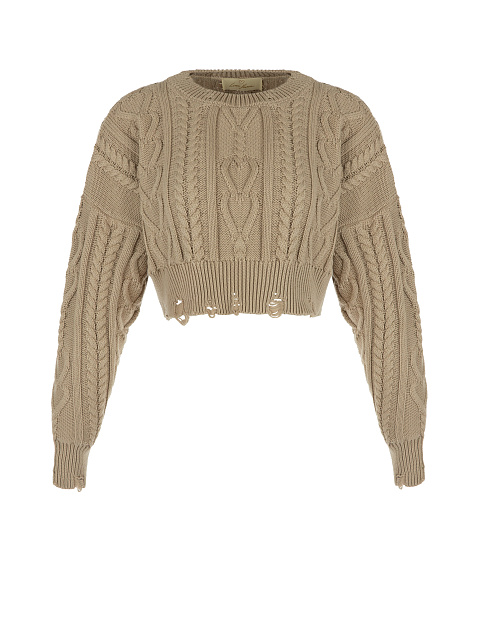 Dark Beige Cotton Cropped Cable Knit Sweater, 1