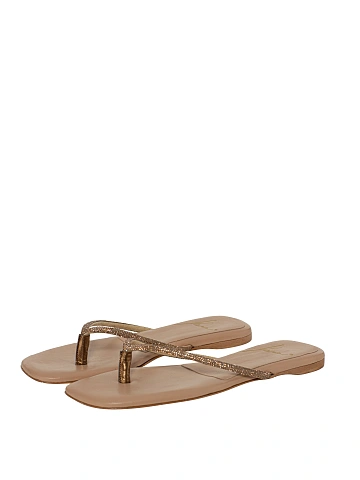 Beige Rhinestones Leather Flip-Flops, 1