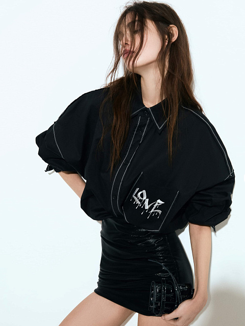 Love Embroidered Black Cotton Cropped Shirt, 3 Love Embroidered Black Cotton Cropped Shirt, 3